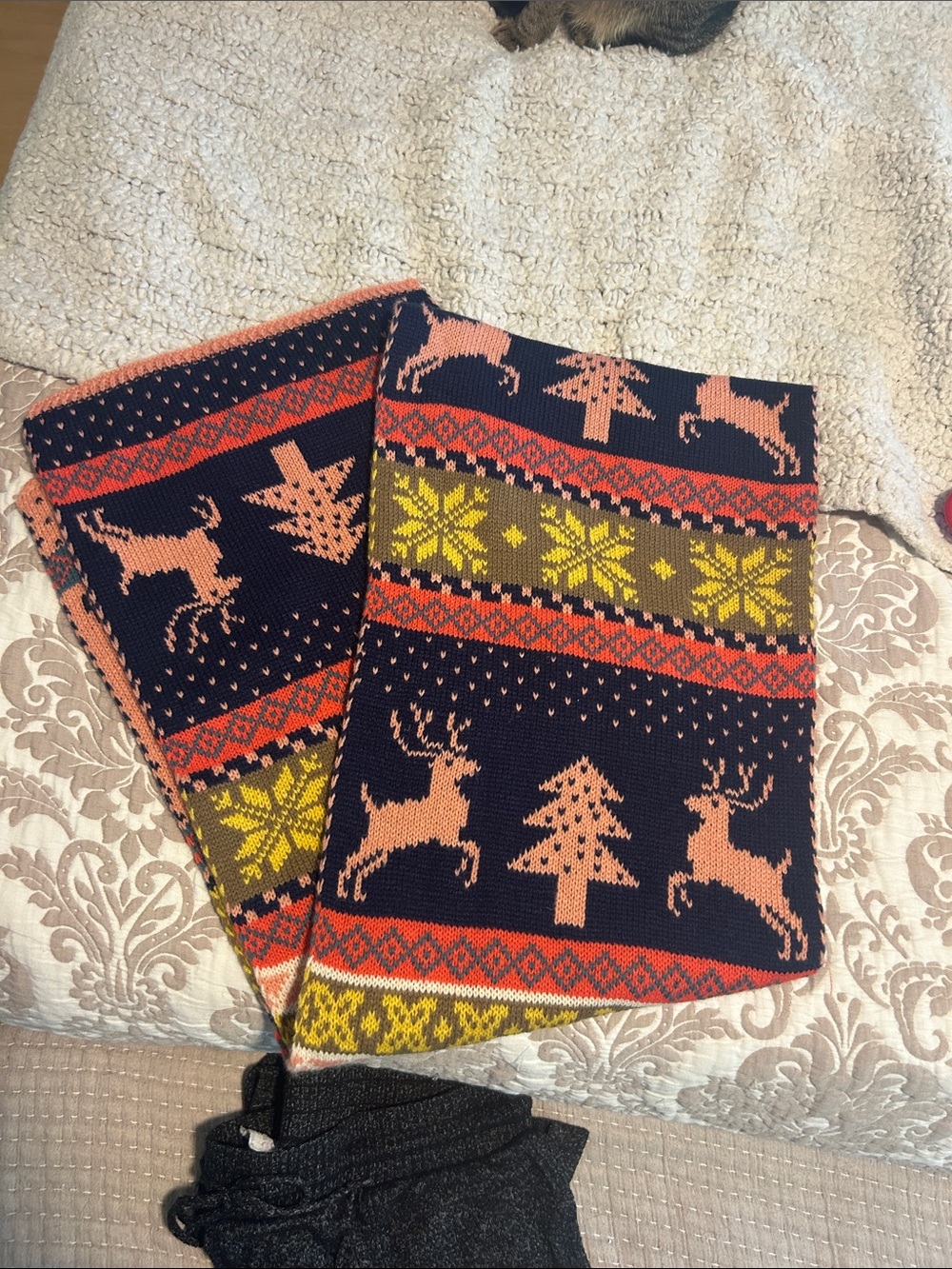 Fair Isle Reindeer Knit Scarf in Navy, Coral & Mustard